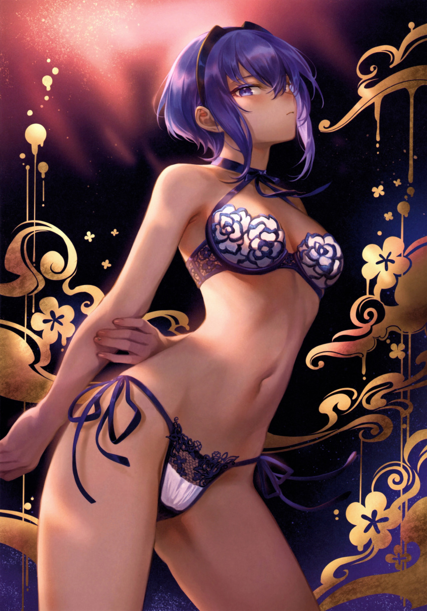 1girl absurdres arms_behind_back bangs bare_shoulders bow bowtie bra breasts closed_mouth dark_skin fate/prototype fate/prototype:_fragments_of_blue_and_silver fate_(series) fingernails hair_ornament hairband halterneck hassan_of_serenity_(fate) highres lingerie mashuu_(neko_no_oyashiro) medium_breasts navel panties purple_eyes purple_hair scan shiny shiny_hair short_hair side-tie_panties simple_background solo stomach underwear underwear_only