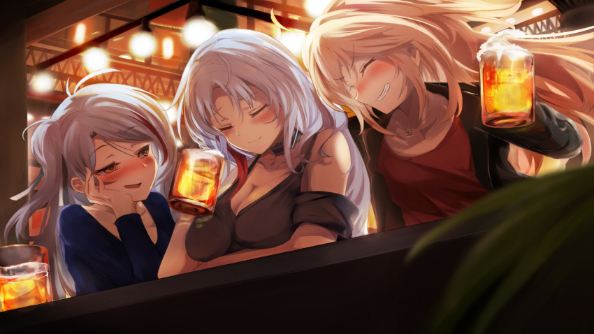 3girls :d ^_^ ^o^ admiral_hipper_(azur_lane) alcohol alternate_costume antenna_hair armband azur_lane bangs bar beer beer_mug blurry blush casual choker closed_eyes collarbone commentary_request contemporary cup depth_of_field drunk eyebrows_visible_through_hair grin highres holding holding_cup jacket lamp light_brown_hair long_hair mug multicolored_hair multiple_girls one_side_up open_mouth prinz_eugen_(azur_lane) shimofuji_jun sidelocks silver_eyes silver_hair smile tallinn_(azur_lane) two-tone_hair two_side_up