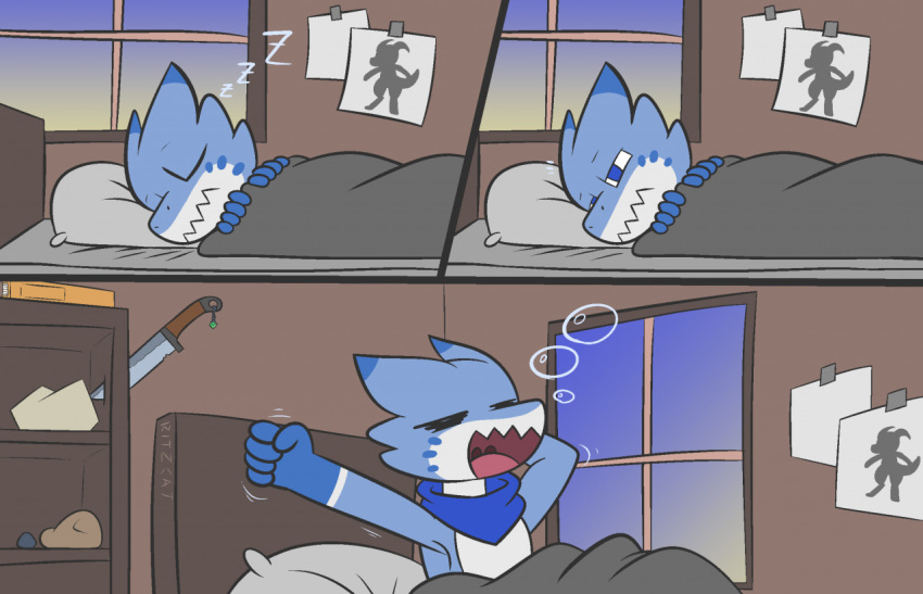 2021 anthro bed bedroom blue_body blue_eyes blue_scales breath clenched_fists cute_expression cute_eyes cute_face english_text female furniture gesture handshake kobold lazuli_(ritzcat) nap open_mouth pillow relaxing resting ritzcat scales shaking sleeping solo sound_effects teeth text trembling white_body white_scales zzz