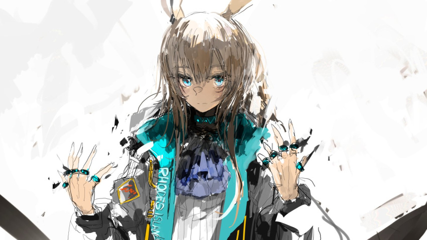 amiya_(arknights) animal_ears arknights blue_eyes brown_hair bunny_ears choker custom_(cus-tom) hands jacket jewelry long_hair ring sketch