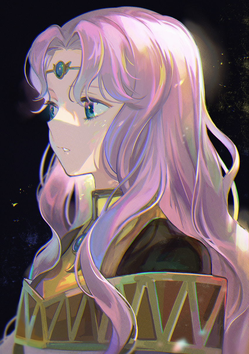 1girl bangs blue_eyes circlet fire_emblem fire_emblem:_thracia_776 highres kyufe light_rays long_hair looking_to_the_side parted_bangs portrait purple_hair sara_(fire_emblem) simple_background solo solo_focus wavy_hair