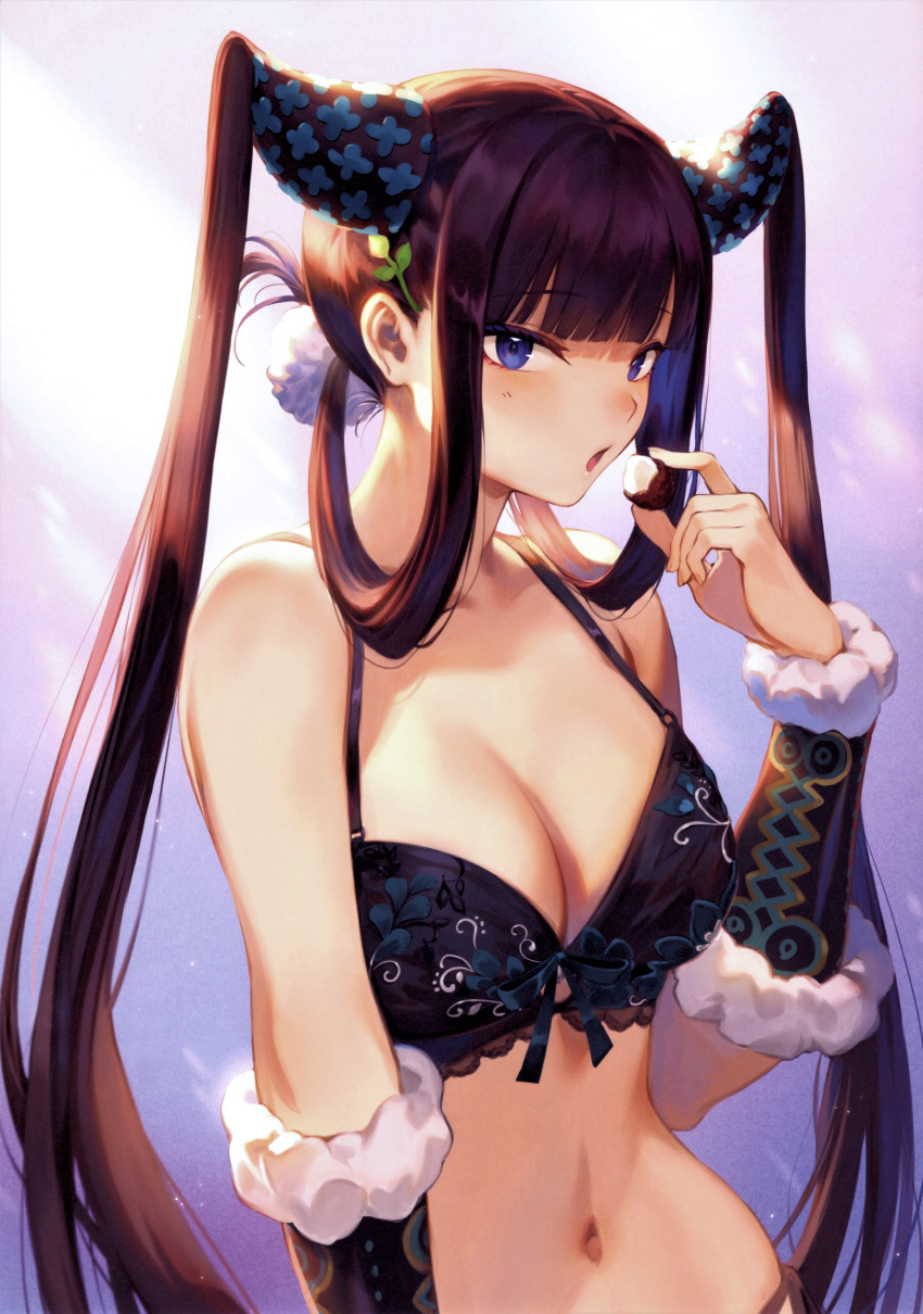 1girl absurdres bangs bare_shoulders black_hair bow bow_bra bra breasts cleavage eyebrows_visible_through_hair fate/grand_order fate_(series) fingernails food fur_trim gradient gradient_background highres holding holding_food long_hair looking_at_viewer mashuu_(neko_no_oyashiro) medium_breasts navel open_mouth purple_eyes scan simple_background solo stomach tied_hair twintails underwear underwear_only upper_body yang_guifei_(fate)