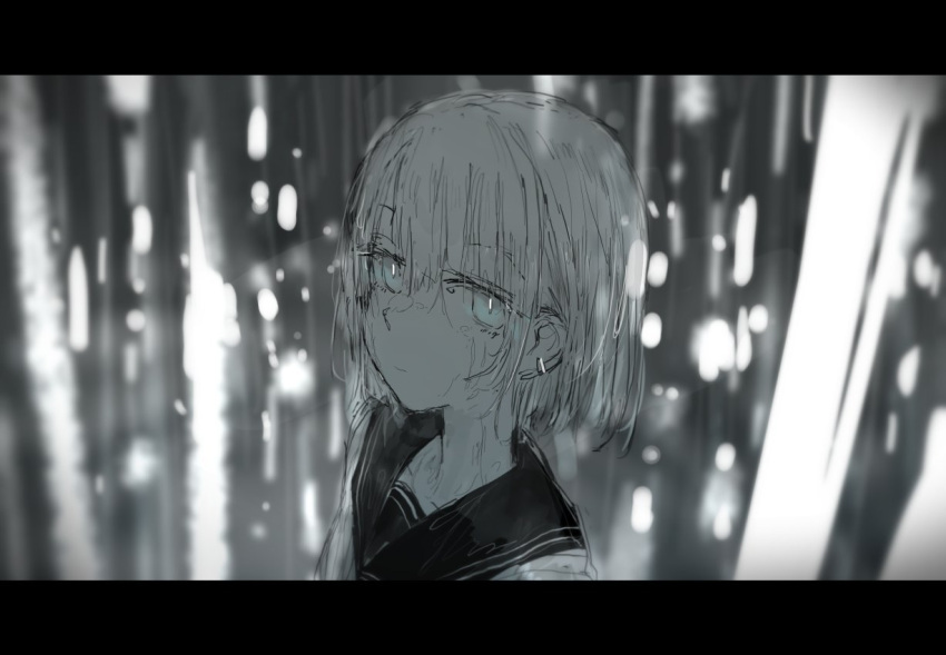 1girl custom_(cus-tom) ears letterboxed monochrome original pale_eye rain sailor_collar short_hair solo wet wet_clothes wet_hair