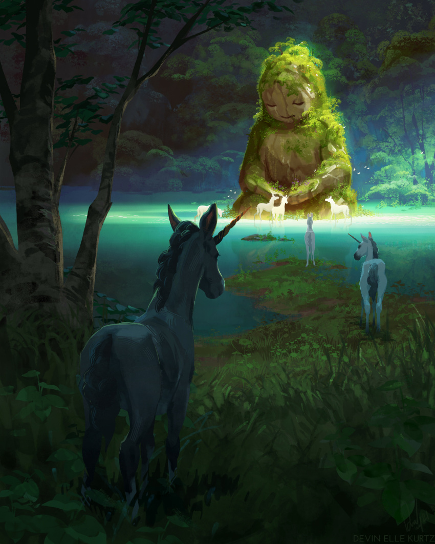 2021 ambiguous_gender day detailed_background digital_media_(artwork) equid equine feral forest grass group hi_res hooves horn mammal outside plant smile tamberella tree unicorn