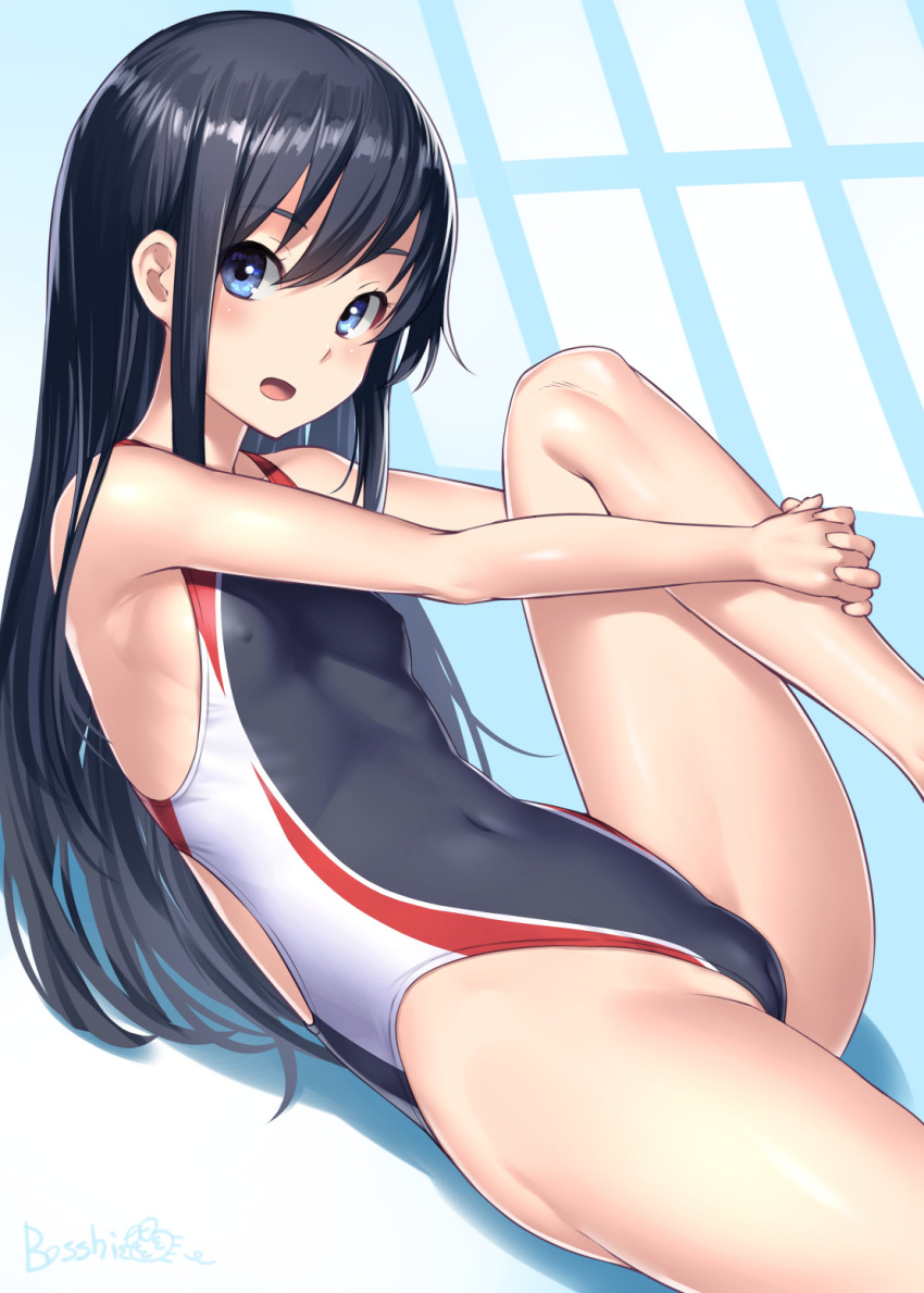 1girl alternate_costume asashio_(kancolle) bangs bare_arms bare_legs bare_shoulders black_hair blue_eyes blush bosshi breasts cameltoe collarbone competition_swimsuit covered_navel eyebrows_visible_through_hair hands_together highleg highleg_swimsuit highres interlocked_fingers kantai_collection leg_up long_hair looking_at_viewer lying one-piece_swimsuit open_mouth own_hands_together small_breasts smile solo swimsuit