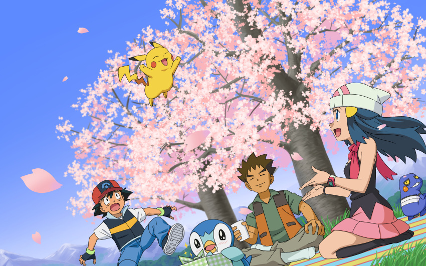 1girl 2boys :d absurdres ash_ketchum beanie black_legwear blue_eyes blue_hair blue_pants brock_(pokemon) brown_hair collared_shirt croagunk cup dark_skin dark_skinned_male dawn_(pokemon) day eyelashes fingerless_gloves floating_hair gen_1_pokemon gen_4_pokemon gloves grass green_shirt hair_ornament hairclip hanami hand_on_own_knee hat highres holding holding_cup jacket miraa_(chikurin) mixed-language_commentary multiple_boys open_mouth outdoors pants petals picnic pikachu piplup pokemon pokemon_(anime) pokemon_(creature) pokemon_dppt_(anime) shirt shoes short_sleeves sitting smile socks spiked_hair tongue tree vest white_headwear