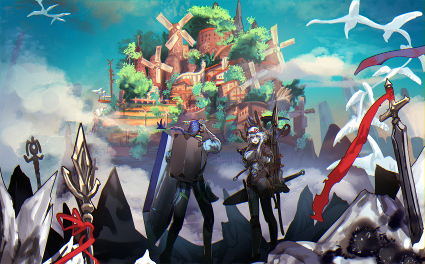 1boy 1girl aircraft airship backpack bag bird black_legwear blue_sky cloud highres lizardman long_hair outdoors pale_skin phima pixiv_fantasia pixiv_fantasia_mountain_of_heaven planted_weapon polearm sheath sheathed shield sky spear standing sword weapon white_hair windmill