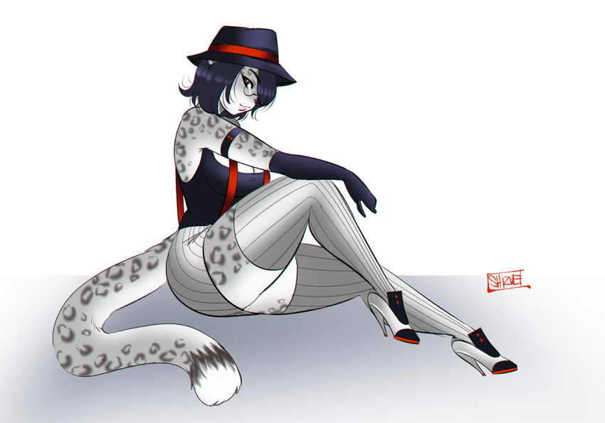 anthro breasts cleavage clothed clothing eyewear felid female footwear glasses hair luvon mammal pantherine shoes snow_leopard solo