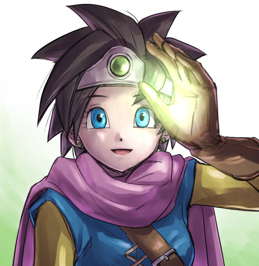 1girl black_hair blue_eyes cape chinyan circlet dragon_quest dragon_quest_iii earrings gloves hand_up highres jewelry looking_at_viewer open_mouth roto sketch smile solo spiked_hair upper_body