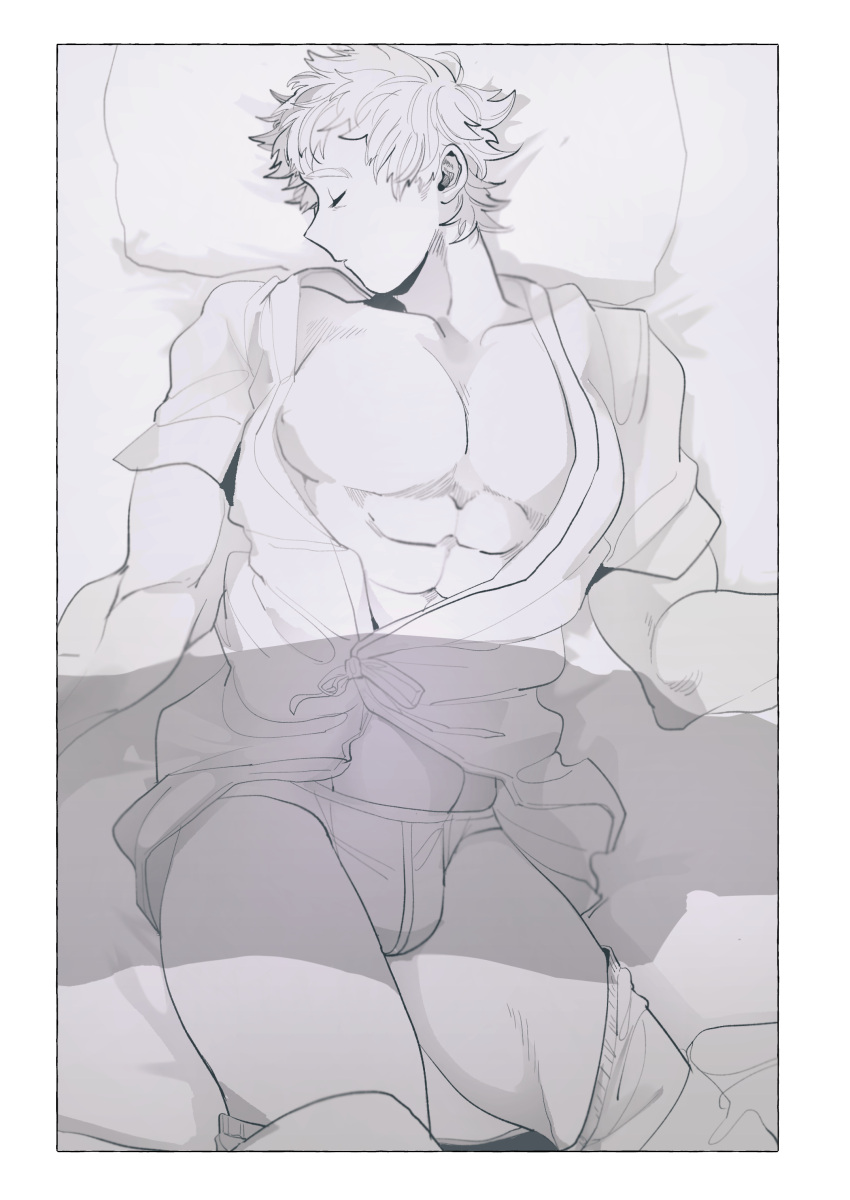 1boy abs absurdres baba-kun boku_no_hero_academia briefs bulge closed_eyes edging_briefs greyscale groin highres large_pectorals lying male_focus male_underwear monochrome muscular muscular_male nipple_slip nipples open_mouth pectorals sleeping solo togata_mirio transparent underwear white_briefs