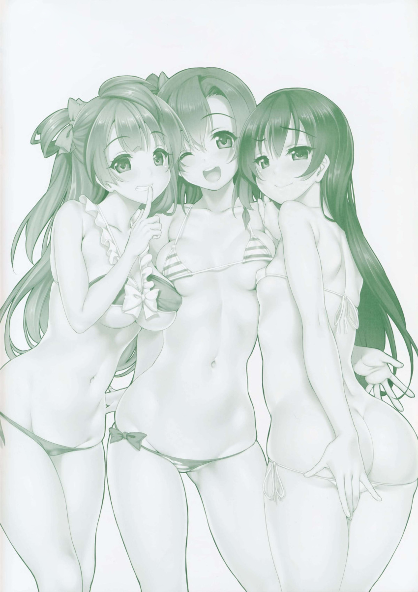 ass bikini cle_masahiro clesta erect_nipples kousaka_honoka love_live! minami_kotori monochrome panty_pull sonoda_umi swimsuits