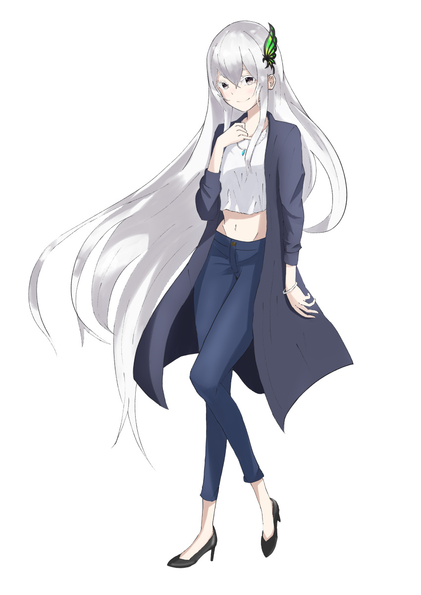 1girl absurdres anapoko_(user_wtmm5875) bangs barefoot black_footwear blouse blue_coat blue_pants bracelet breasts brown_eyes butterfly_hair_ornament casual clenched_hand closed_mouth coat commentary denim echidna_(re:zero) eyebrows eyelashes full_body hair_between_eyes hair_ornament hand_on_own_chest head_tilt high_heels highres jeans jewelry long_coat long_eyelashes long_hair looking_at_viewer midriff multicolored_hair navel necklace open_clothes open_coat pants parted_bangs re:zero_kara_hajimeru_isekai_seikatsu sidelocks silver_hair simple_background small_breasts smile solo standing thick_eyelashes two-tone_hair very_long_hair white_background white_blouse white_eyelashes white_hair