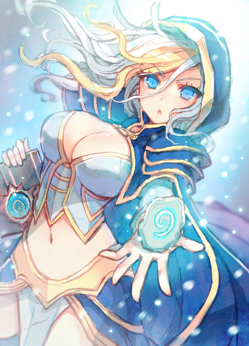 1girl absurdres blonde_hair blue_eyes book breasts cleavage hearthstone highres hood jaina_proudmoore kaworu_(1030) long_hair looking_at_viewer midriff multicolored_hair shoulder_pads thighs warcraft white_hair