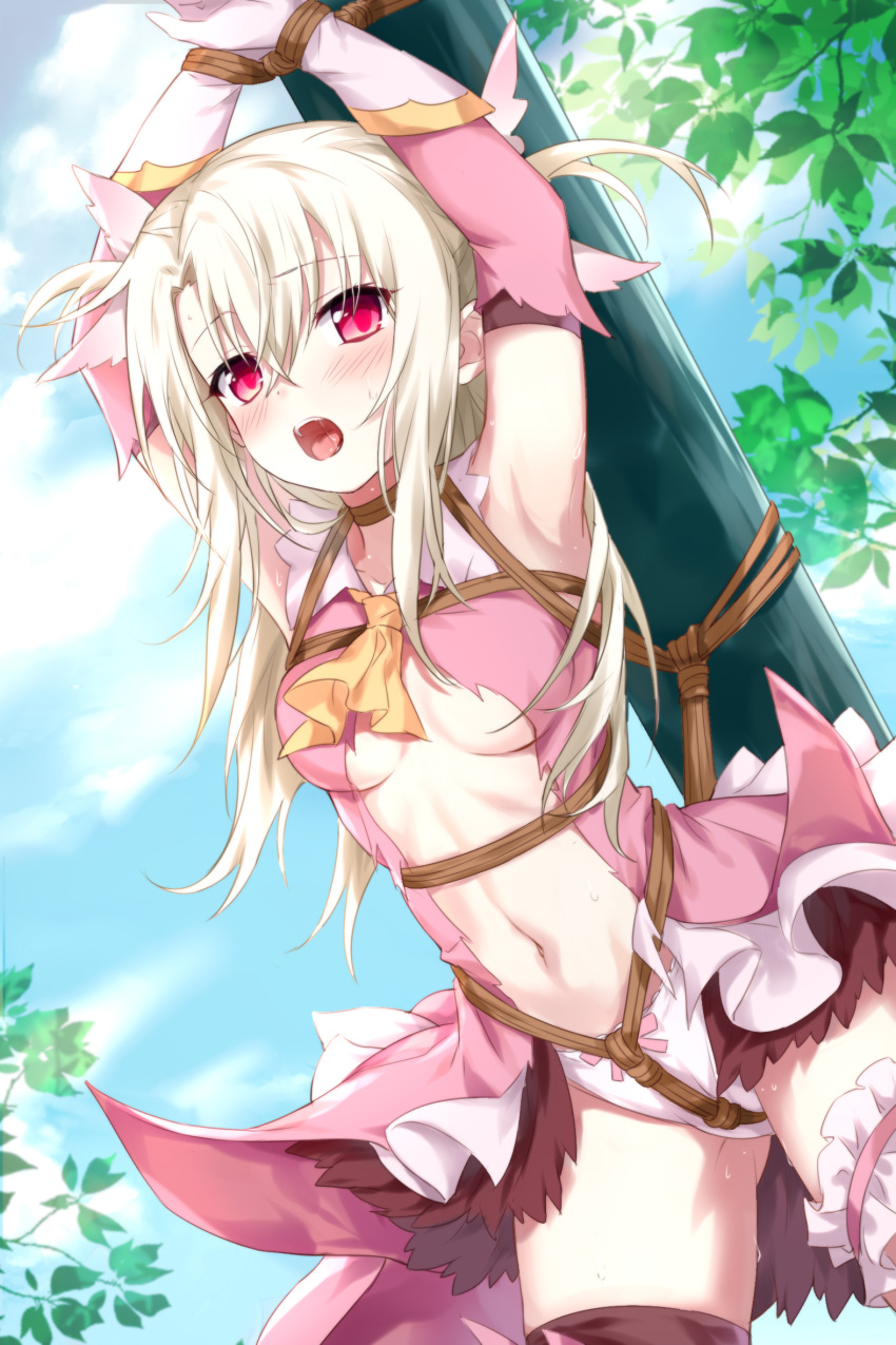 1girl armpits bare_shoulders bdsm blonde_hair blush bondage boots bound breasts crotch_rope devil_heavens dress eyebrows_visible_through_hair fate/kaleid_liner_prisma_illya fate_(series) hair_ornament highres illyasviel_von_einzbern long_hair looking_at_viewer panties pink_dress pink_legwear prisma_illya red_eyes restrained rope small_breasts solo sweat thighhighs torn_clothes underwear white_panties