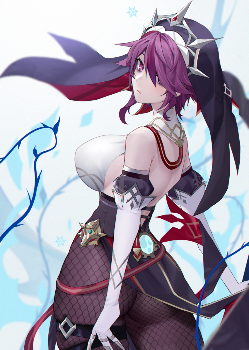 1girl ass bangs bare_shoulders breasts closed_mouth cowboy_shot elbow_gloves fishnet_legwear fishnets from_behind genshin_impact gloves hair_over_one_eye highres large_breasts looking_at_viewer looking_back pantyhose purple_eyes purple_hair purple_legwear rosaria_(genshin_impact) sleeveless solo thigh_strap veil vision xiujia_yihuizi