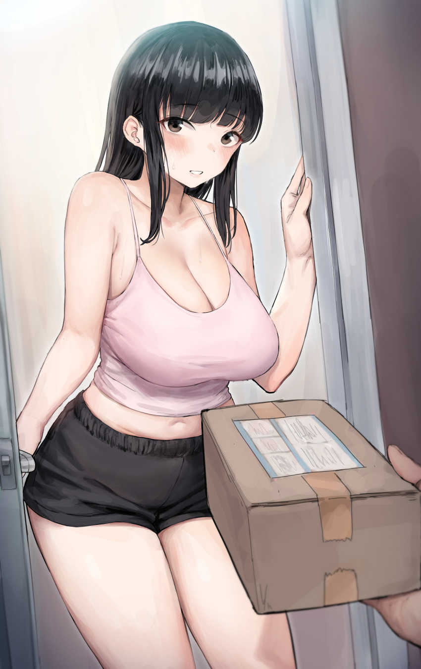 1boy 1girl absurdres bangs bare_arms bare_shoulders black_hair black_shorts blunt_bangs breasts brown_eyes camisole cleavage collarbone cowboy_shot delivery doorway eyebrows_visible_through_hair highres large_breasts long_hair looking_at_viewer mochirong navel open_door original package parted_lips pov short_shorts shorts sleeveless solo_focus