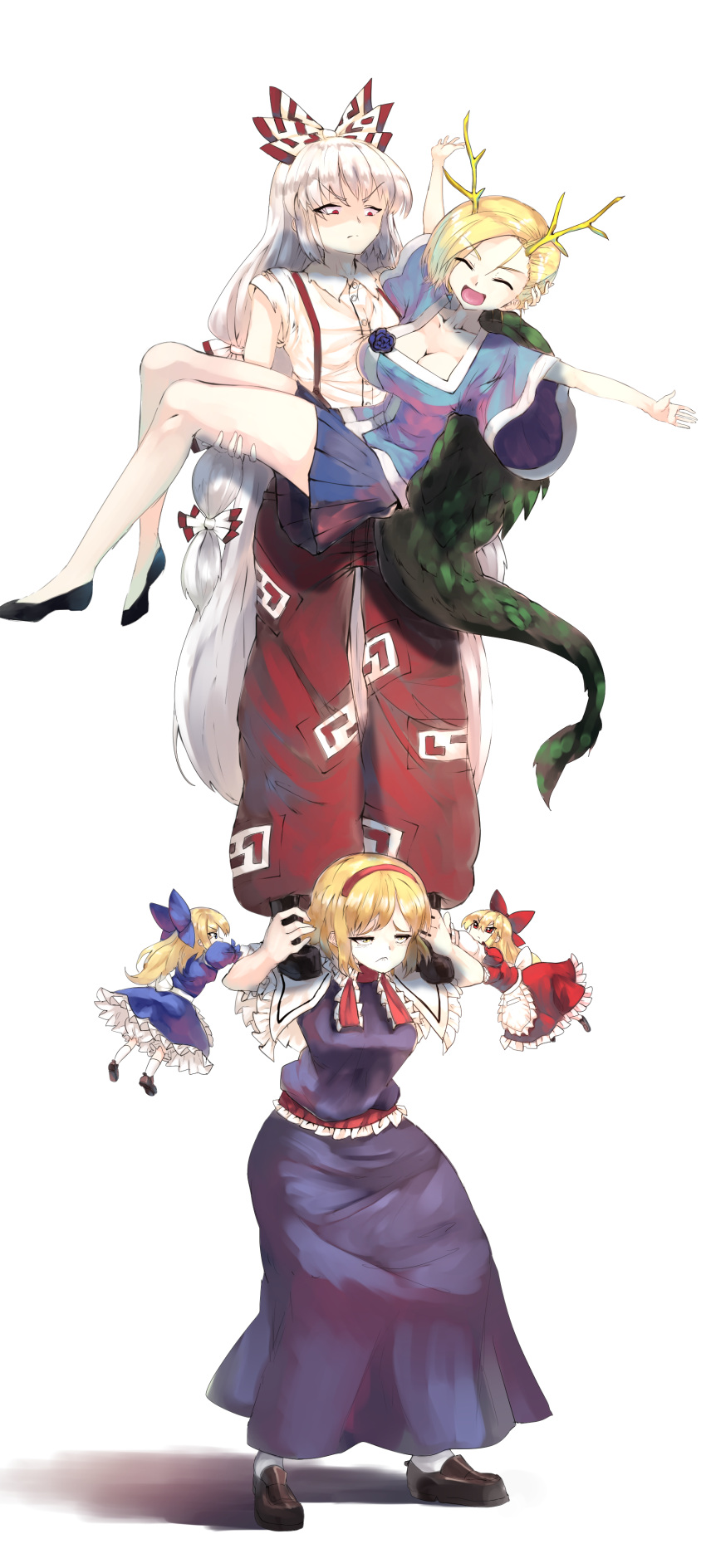 5girls ^_^ absurdres alice_margatroid apron bangs black_footwear blonde_hair blue_dress blue_eyes blue_shirt blue_skirt bow breasts brown_footwear capelet carrying cleavage closed_eyes closed_mouth collared_shirt dragon_horns dragon_tail dress eyebrows_visible_through_hair fujiwara_no_mokou full_body hair_bow hairband highres holding_another horns hourai_doll human_tower kicchou_yachie large_breasts long_hair looking_down medium_breasts multicolored_bow multiple_bows multiple_girls ofuda_on_clothes open_mouth outstretched_arms pants pleated_skirt princess_carry puffy_short_sleeves puffy_sleeves red_bow red_dress red_eyes red_hairband red_neckwear red_pants red_ribbon ribbon shanghai_doll shirt short_hair short_sleeves simple_background skirt smile stacking standing_on_person sunyup suspenders tail touhou turtle_shell v-shaped_eyebrows very_long_hair waist_apron white_apron white_background white_bow white_capelet white_legwear white_shirt wide_sleeves