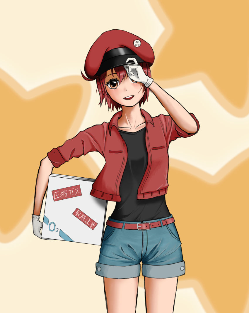 1girl absurdres ae-3803 ahoge bangs black_shirt box brown_eyes cabbie_hat cardboard_box collarbone commentary cowboy_shot denim denim_shorts gloves hair_between_eyes hand_on_headwear hat hataraku_saibou head_tilt highres holding holding_box jacket light_blush loadhe open_clothes open_jacket open_mouth red_blood_cell_(hataraku_saibou) red_hair red_headwear red_jacket salute shirt short_hair shorts smile solo standing star_(symbol) thigh_gap upper_teeth white_gloves yellow_background