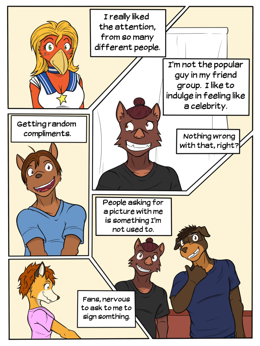 anthro avian breasts canid canine canis cleavage clothed clothing comic domestic_dog english_text eyewear female fox fully_clothed fuze gesture glasses group hi_res jorge_san_nicolas lutrine male mammal mastiff molosser mustelid rottweiler smile suid suina sus_(pig) texnatsu text thumbs_up wild_boar