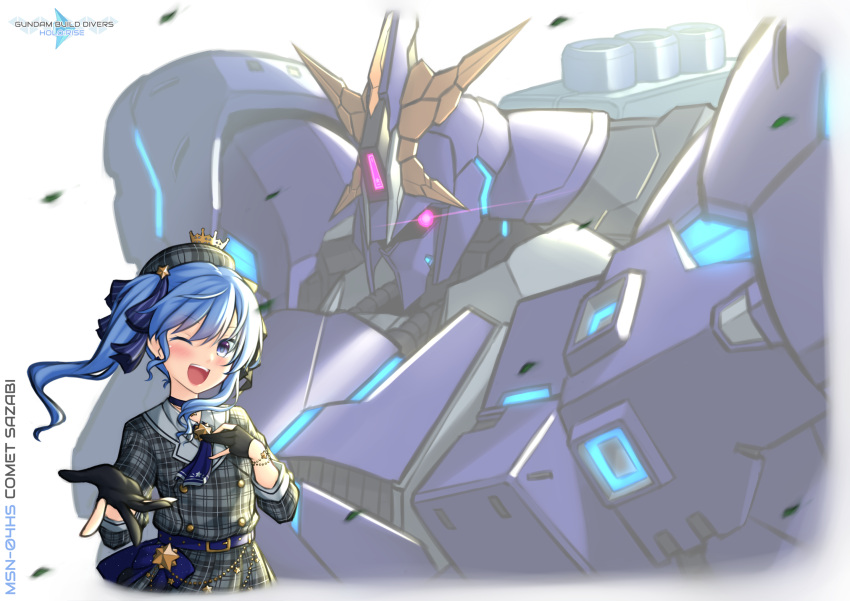 1girl bangs black_gloves blue_eyes blue_hair blush char's_counterattack crown dress english_commentary eyebrows_behind_hair flat_chest gloves gundam gundam_build_divers gundam_build_divers_re:rise hand_on_own_chest highres hololive hoshimachi_suisei logo_parody mecha mobile_suit one-eyed one_eye_closed open_hand parody partially_fingerless_gloves pinguinkotak plaid plaid_dress plaid_headwear red_eyes sazabi science_fiction side_ponytail title_parody upper_body v-fin virtual_youtuber