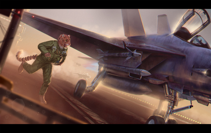 absurd_res aircraft aircraft_carrier airplane anthro armor clothing cockpit conditional_dnp f-14 f-14_tomcat f14 felid flight_helmet flight_jacket flight_suit fur green_eyes harness headgear helmet hi_res hindpaw humanoid jet latex_(artist) lens_flare lens_glare long_tail male mammal military military_clothing military_helmet military_uniform missile missiles open_mouth pantherine paws pilot running sarge_the_tiger solo striped_body striped_fur striped_tail stripes stripes_(marking) teeth_bared teeth_showing tiger uniform