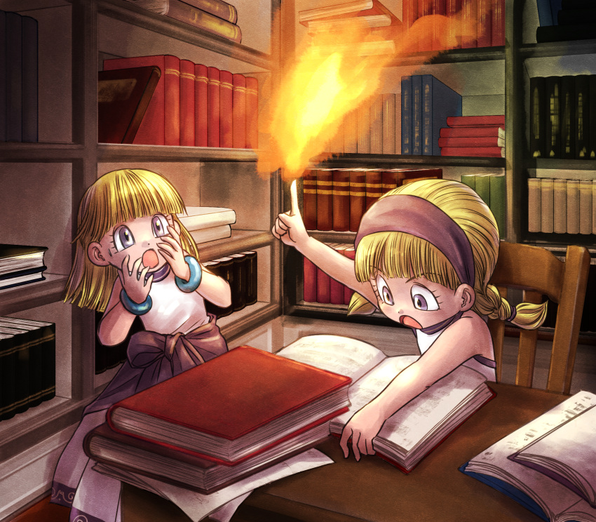 2girls arm_up bangs blonde_hair blunt_bangs book bookshelf bracelet braid child desk dragon_quest dragon_quest_xi dress fire hairband hands_up highres indoors jewelry magic multiple_girls open_mouth purple_eyes reading senya_(dq11) short_hair short_twintails sitting sleeveless sleeveless_dress surprised texture twin_braids twintails veronica_(dq11) younger