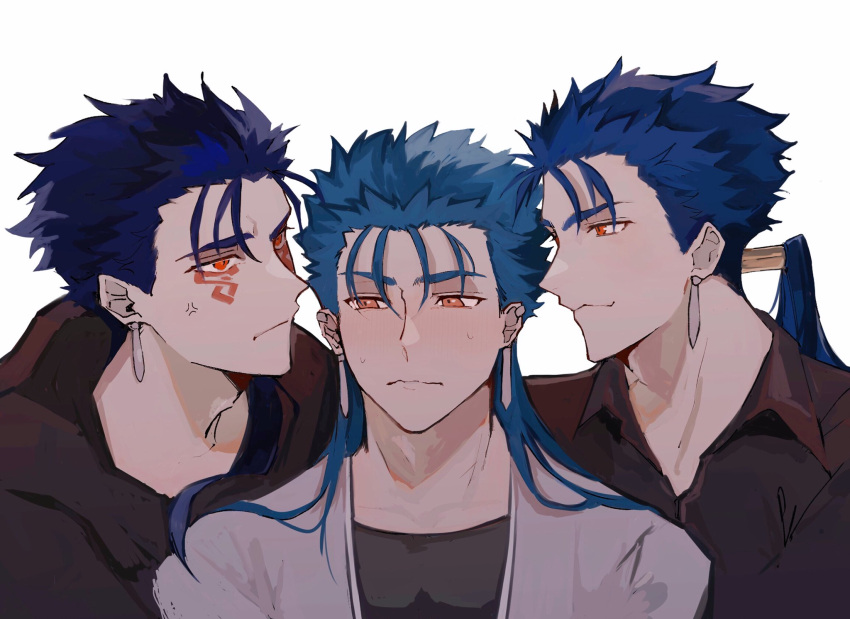 3boys alternate_costume anger_vein angry beads blue_hair blush closed_mouth collared_shirt contemporary cu_chulainn_(fate)_(all) cu_chulainn_(fate/grand_order) cu_chulainn_alter_(fate/grand_order) dark_blue_hair dark_persona eye_contact facepaint fate/grand_order fate/stay_night fate_(series) grin hair_beads hair_ornament highres hood hood_down hoodie lancer long_hair looking_at_another looking_to_the_side male_focus multiple_boys multiple_persona multiple_piercings ponytail red_eyes shirt short_hair shy simple_background skin_tight smile spiked_hair taratotati wavy_mouth white_background