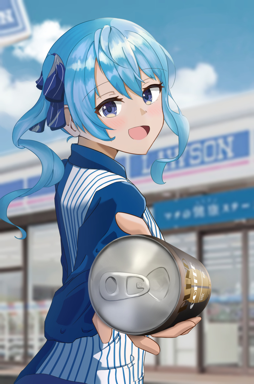1girl absurdres bangs blue_eyes blue_hair blue_shirt blush can canned_coffee cloud commentary convenience_store day employee_uniform eyebrows_visible_through_hair giving highres holding holding_can hololive hoshimachi_suisei lawson looking_at_viewer open_mouth outdoors ryoya shirt shop solo star_(symbol) star_in_eye striped striped_shirt symbol_in_eye uniform vertical-striped_shirt vertical_stripes virtual_youtuber