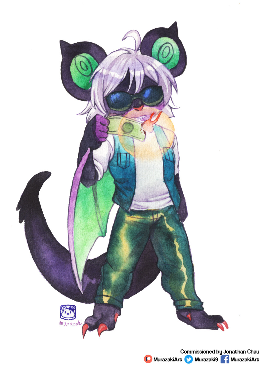 anthro biped bottomwear chibi clothed clothing eyewear fire fully_clothed fur hair hi_res male mammal money murazaki nintendo noivern painting_(artwork) pants pok&eacute;mon pok&eacute;mon_(species) simple_background solo standing sunglasses traditional_media_(artwork) video_games watercolor_(artwork) white_background winged_arms wings
