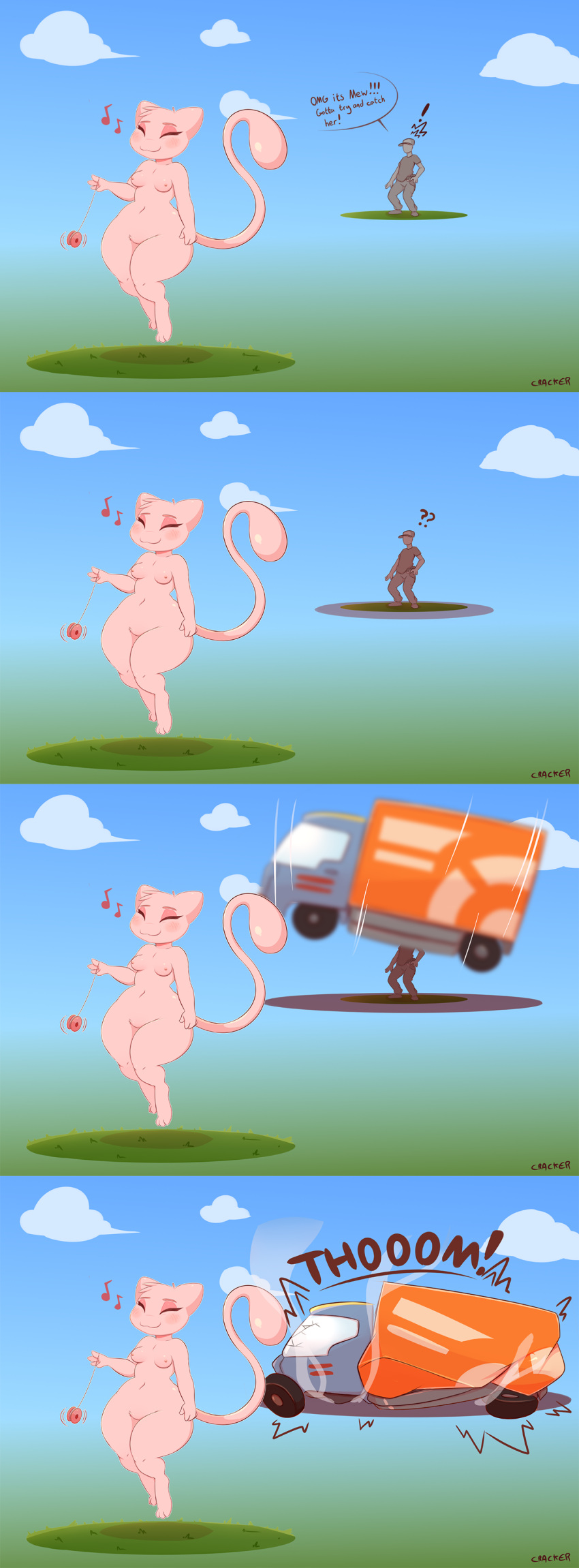 absurd_res anthro breasts cracker_(artist) dialogue duo female floating fur hi_res human legendary_pok&eacute;mon male mammal mew nintendo pink_body pink_fur pok&eacute;mon pok&eacute;mon_(species) pok&eacute;mon_trainer short_stack small_breasts truck_(vehicle) vehicle video_games