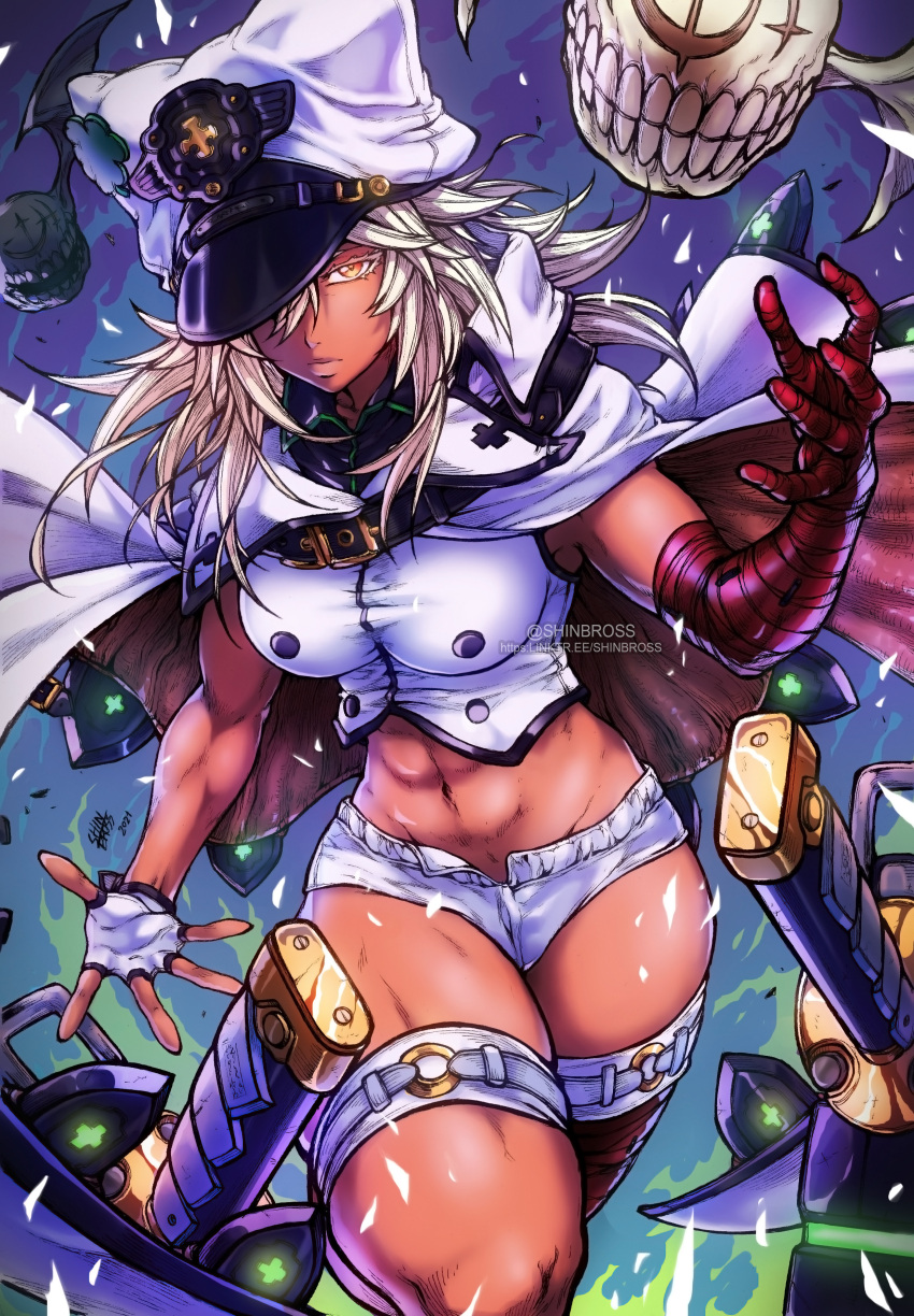 1girl abs absurdres alternate_breast_size bandaged_arm bandaged_leg bandages blonde_hair breasts cape crop_top dark_skin dark_skinned_female english_commentary eyebrows_visible_through_hair familiar fingerless_gloves floating floating_object floating_sword floating_weapon gloves guilty_gear guilty_gear_strive hat hat_over_one_eye highres huge_weapon large_breasts looking_at_viewer medium_hair muscular muscular_female navel orange_eyes peaked_cap platinum_blonde_hair ramlethal_valentine shinbross shirt short_shorts shorts single_fingerless_glove sleeveless solo_focus sword taut_clothes taut_shirt thick_thighs thigh_strap thighs watermark weapon white_cape white_gloves white_headwear white_shorts