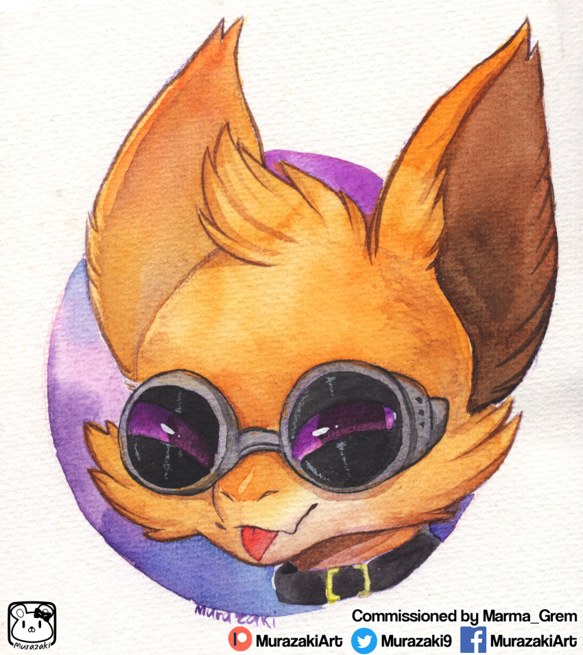 abstract_background ambiguous_gender cheek_tuft collar eyewear facial_tuft fur goggles head_tuft hi_res looking_at_viewer mammal murazaki painting_(artwork) portrait smile solo tongue tongue_out traditional_media_(artwork) tuft watercolor_(artwork)