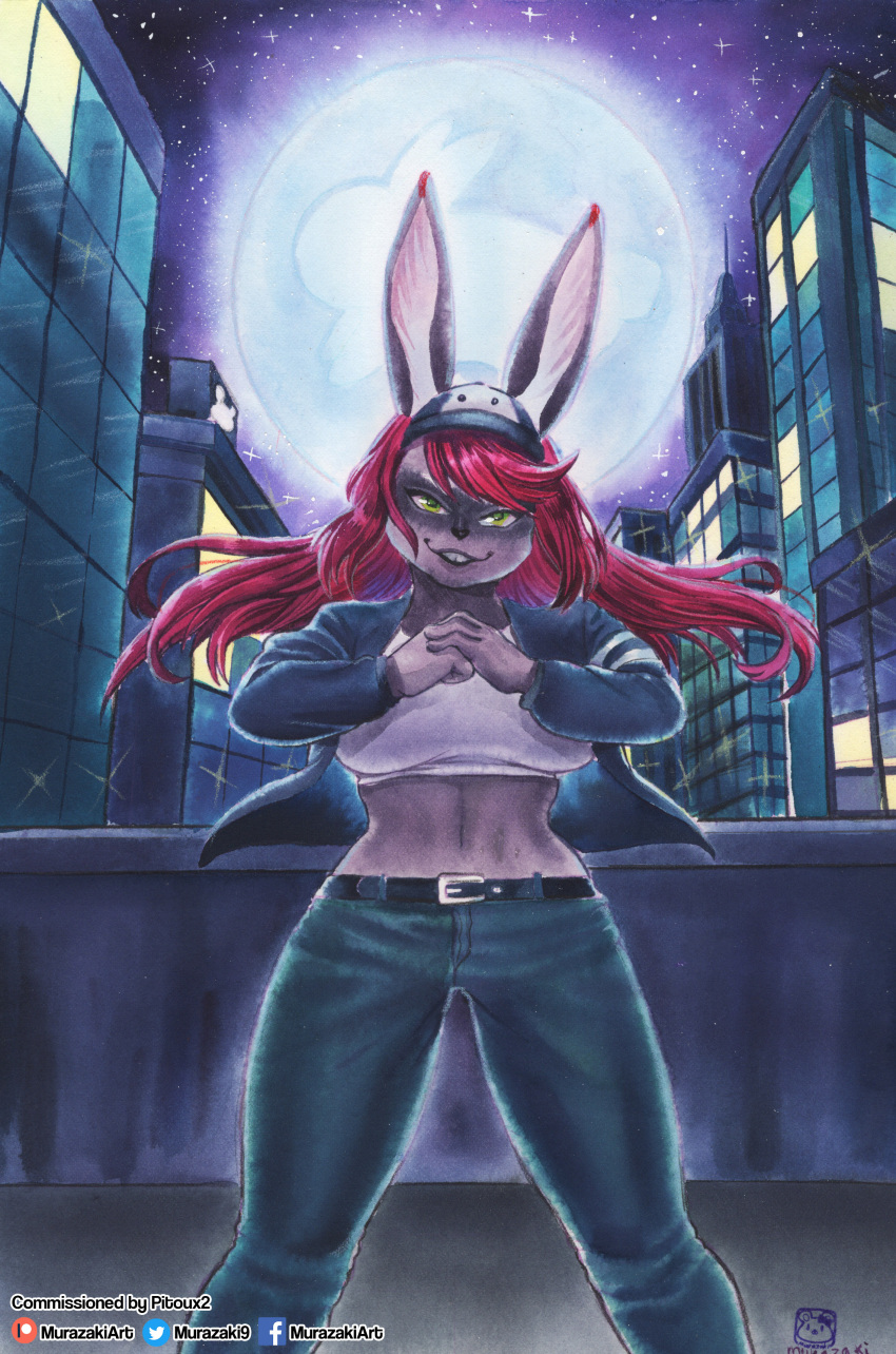 absurd_res anthro biped bottomwear breasts buckteeth clothing cracking_knuckles crop_top female fur hair hat headgear headwear hi_res jacket lagomorph leporid looking_at_viewer mammal midriff moon murazaki navel night outside painting_(artwork) pants rabbit rooftop shirt smile solo teeth topwear traditional_media_(artwork) watercolor_(artwork)