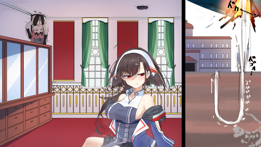 2girls absurdres ahoge akaoni_(zumt3548) arms_up azur_lane bangs black_dress black_skirt blunt_ends breasts bremerton_(azur_lane) bremerton_(kung_fu_cruiser)_(azur_lane) brown_hair china_dress chinese_clothes curtains dress eyewear_on_head fossil hair_between_eyes hair_ornament hairband hairclip half-closed_eyes highres hole_in_ceiling implied_sex independence_(azur_lane) indoors large_breasts licking_lips long_hair long_sleeves low_ponytail miniskirt motion_lines multiple_girls official_alternate_costume open_mouth pink_eyes pink_hair pleated_skirt red_eyes round_eyewear sideboob skirt sunglasses tongue tongue_out ufo upside-down