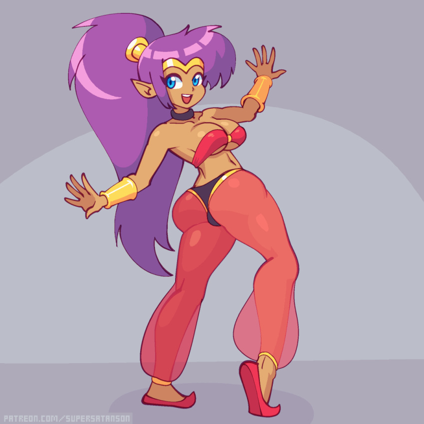 1:1 2021 2d_animation 5_fingers animated blue_eyes bottomwear bra breasts butt clothed clothing dancing female fingers footwear genie hair humanoid humanoid_pointy_ears long_hair navel not_furry open_mouth open_smile pants ponytail purple_hair shantae shantae_(series) short_playtime smile solo supersatanson underwear video_games wayforward