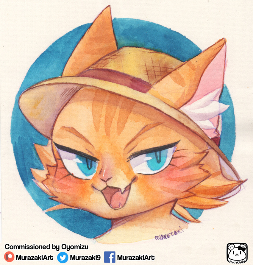 ambiguous_gender clothing fangs felid feline fur hat headgear headwear hi_res inner_ear_fluff mammal murazaki narrowed_eyes open_mouth painting_(artwork) portrait smile solo straw_hat traditional_media_(artwork) tuft watercolor_(artwork)