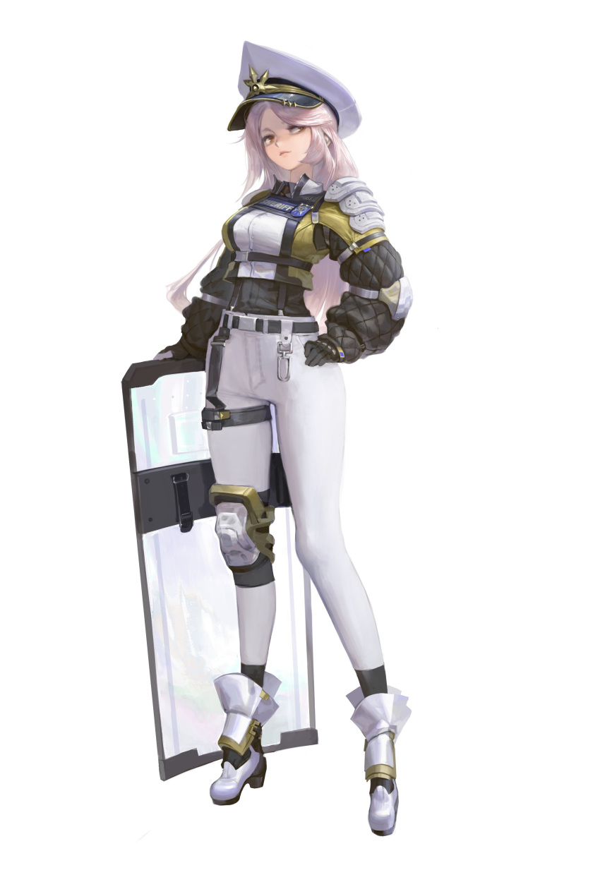 1girl absurdres armor belt brown_eyes full_body hand_on_hip hand_on_shield hat high_heels highres knee_pads long_hair looking_at_viewer original peaked_cap platinum_blonde_hair police police_uniform policewoman riot_shield shield shoulder_armor single_knee_pad skin_tight solo standing uniform vexxxxa white_background