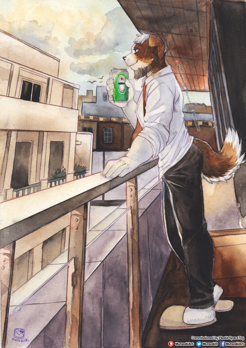 absurd_res alcohol anthro balcony beer beverage beverage_can biped bottomwear canid canine canis clothed clothing detailed_background domestic_dog dress_shirt facial_hair fully_clothed fur heineken hi_res holding_beverage holding_object male mammal murazaki outside painting_(artwork) shirt shorts slippers smile solo standing topwear traditional_media_(artwork) watercolor_(artwork)