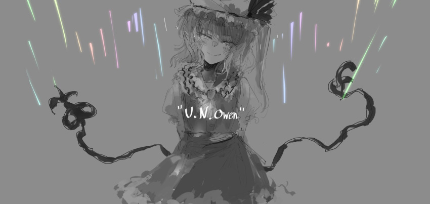 1girl blush bonnet custom_(cus-tom) dress flandre_scarlet hat monochrome short_hair sketch smile solo touhou