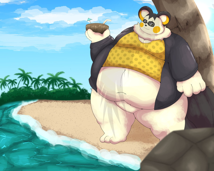 2021 anthro beach belly black_body black_fur clothing emolga eyewear fan_character fur hi_res kemono kusosensei male navel nintendo obese obese_anthro obese_male outside overweight overweight_anthro overweight_male pok&eacute;mon pok&eacute;mon_(species) seaside shirt solo sunglasses topwear video_games water white_body white_fur