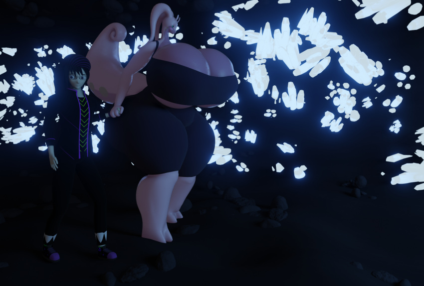 3d_(artwork) anthro awkward_expression big_breasts black_clothing breasts clothing crystal_cave darkdraketom digital_media_(artwork) duo female glowing_crystal goodra hand_holding hi_res human larger_female looking_away male mammal nintendo pok&eacute;mon pok&eacute;mon_(species) pok&eacute;mon_trainer purple_body size_difference thick_thighs video_games