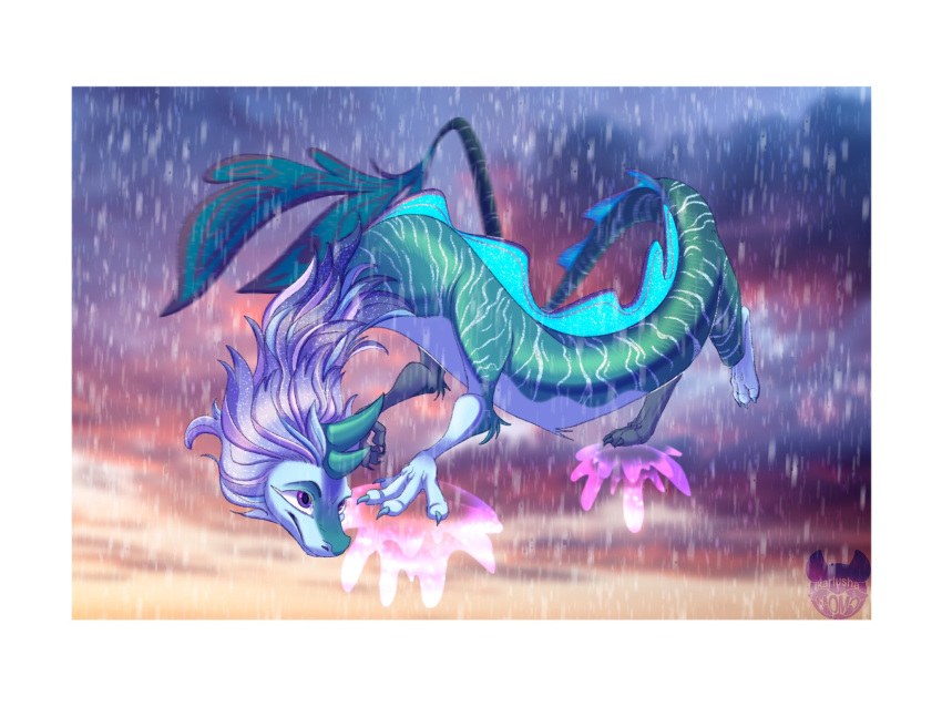 aquatic_dragon asian_mythology claws disney dragon east_asian_mythology eastern_dragon fangs female feral hi_res horn in_sky marine mythology raining raya_and_the_last_dragon sisu_(ratld) sky solo stripes_(marking)