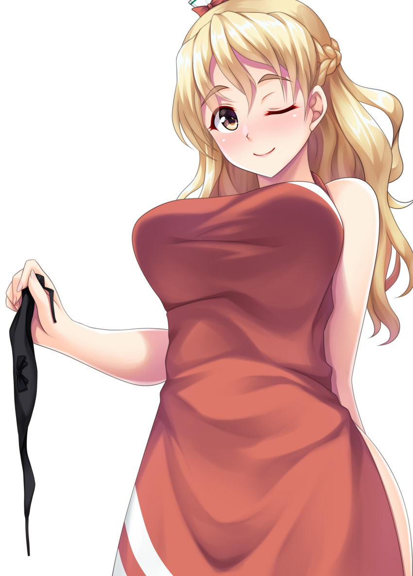 1girl absurdres apron bare_shoulders black_panties blonde_hair blush braid breasts brown_eyes french_braid highres holding holding_clothes holding_panties holding_underwear kantai_collection large_breasts long_hair looking_at_viewer one_eye_closed panties panties_removed ruin_re_birth simple_background smile solo underwear wavy_hair white_background zara_(kancolle)