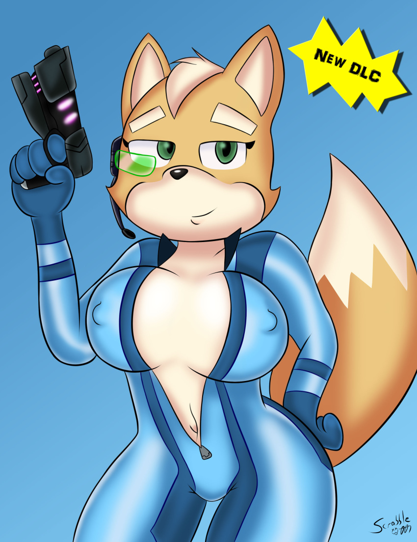5_fingers absurd_res anthro big_breasts blue_background breasts canid canine clothed clothing cosplay crossgender crossover english_text eyewear female fingers fox fox_mccloud green_eyes gun half-closed_eyes hand_on_hip hi_res holding_gun holding_object holding_weapon looking_at_viewer mammal metroid narrowed_eyes nintendo nipple_outline ranged_weapon samus_aran scrabble007 simple_background skinsuit smile solo star_fox text thick_thighs tight_clothing video_games weapon wide_hips zero_suit zipper