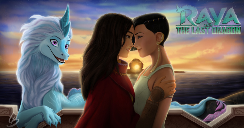 aquatic_dragon asian_mythology claws disney dragon east_asian_mythology eastern_dragon fangs female female/female feral group hand_on_shoulder hi_res human mammal marine mythology open_mouth open_smile raya_(ratld) raya_and_the_last_dragon sisu_(ratld) smile stripes_(marking)