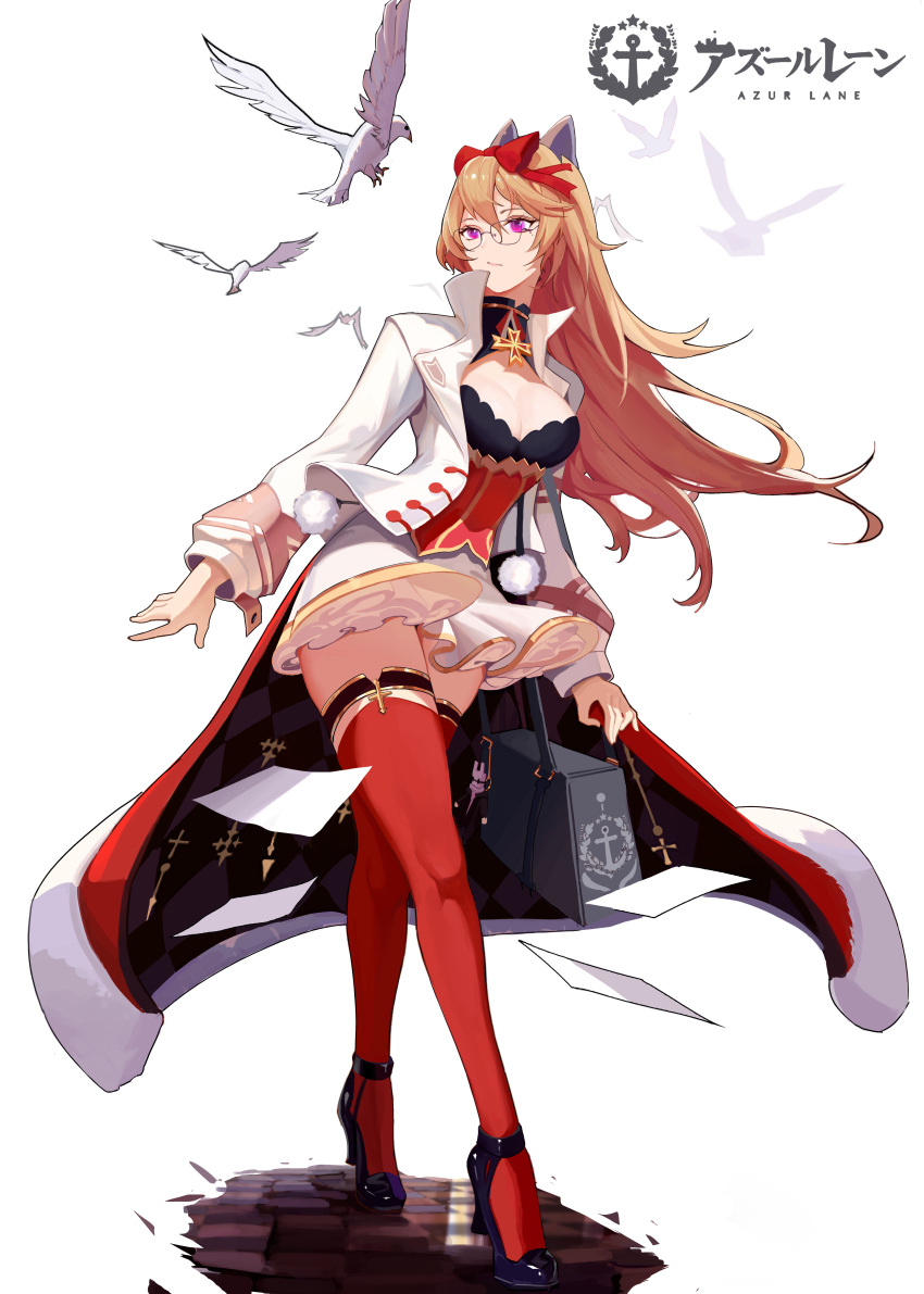 1girl absurdres alternate_costume azur_lane bag bangs bespectacled bow breasts commentary_request copyright_name glasses hair_between_eyes hair_bow handbag highres jacket large_breasts long_hair mpjz4744 orange_hair purple_eyes red_legwear richelieu_(azur_lane) solo thighhighs