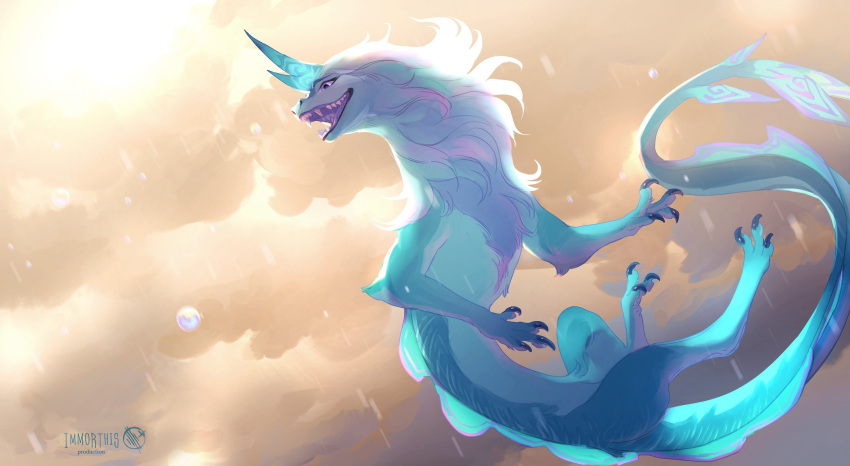 aquatic_dragon asian_mythology claws disney dragon east_asian_mythology eastern_dragon fangs female feral hi_res in_the_air marine mythology open_mouth open_smile raya_and_the_last_dragon sisu_(ratld) sky smile solo stripes_(marking)