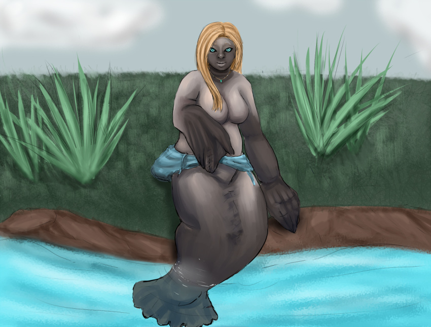 2014 blonde_hair breasts clothing cloudy_sky dress featureless_breasts female field grass hair human human_to_anthro looking_at_viewer mammal manatee marine outside plant river sirenian solo species_transformation tigertwins torn_clothing transformation transformation_sequence