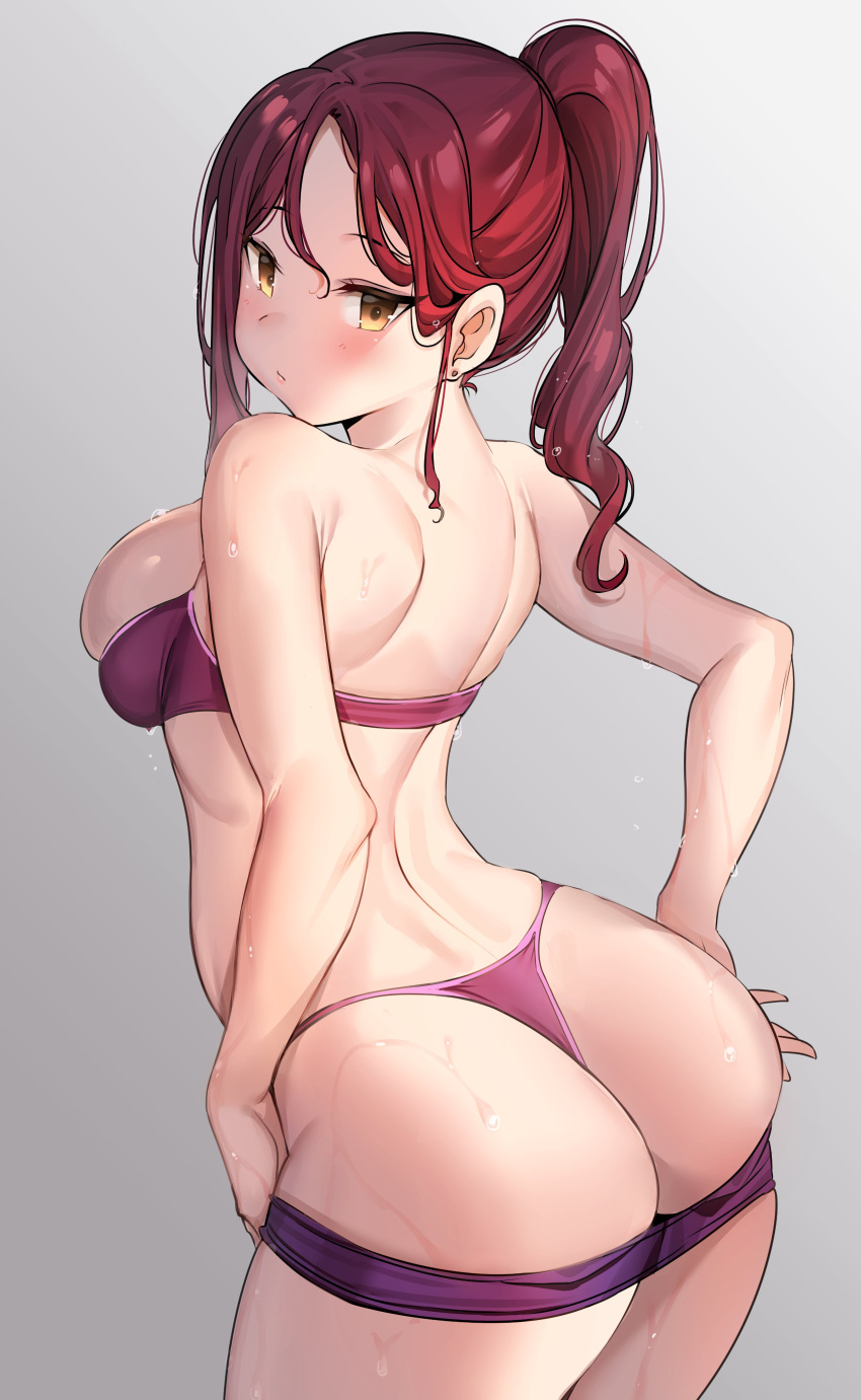 1girl absurdres alternate_hairstyle ass back bangs bra breasts ear_piercing eyebrows_visible_through_hair gradient gradient_background grey_background highres looking_at_viewer love_live! love_live!_sunshine!! medium_breasts medium_hair panties piercing ponytail purple_bra purple_panties purple_shorts red_hair sakurauchi_riko shorts shorts_pull shoulder_blades simple_background skindentation solo standing sweat swept_bangs tem10 thighs thong underwear yellow_eyes