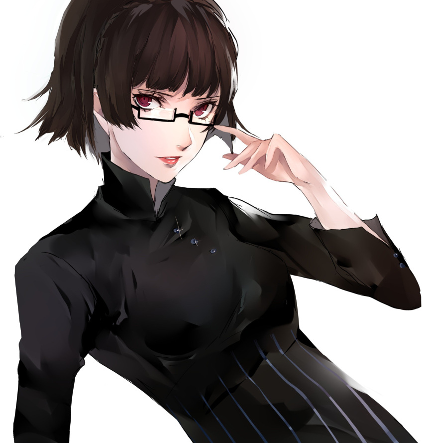 1girl adjusting_eyewear black-framed_eyewear black_dress braid brown_hair catherine_(game) company_connection cosplay crown_braid dress glasses highres katherine_mcbride katherine_mcbride_(cosplay) lips looking_at_viewer niijima_makoto parted_lips persona persona_5 pertex_777 red_eyes short_sleeves simple_background solo striped striped_dress sweater turtleneck turtleneck_sweater white_background